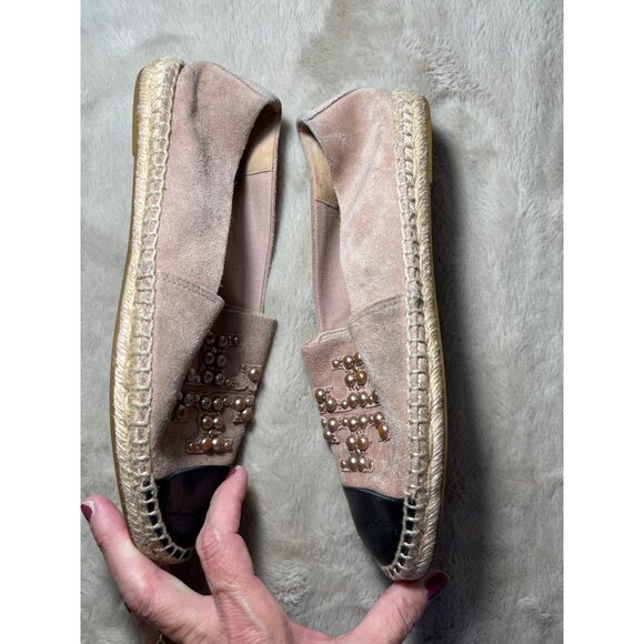 Tory Burch Pink Suede Espadrille Flats W/ Pearl Logo & Black Toe Cap - Picture 6 of 13